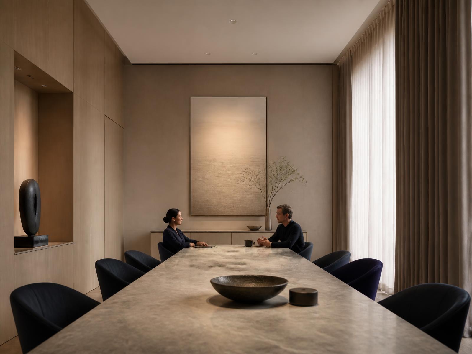 Two executives in quiet conversation in a minimal meeting room
