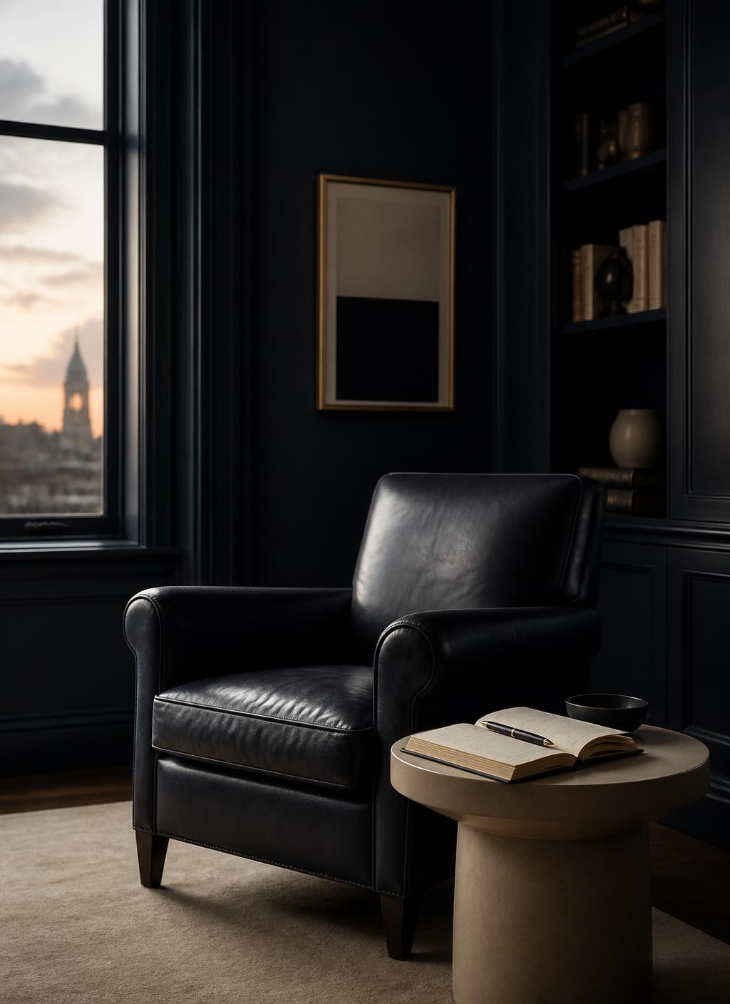 A quiet executive study in deep navy and warm sand tones